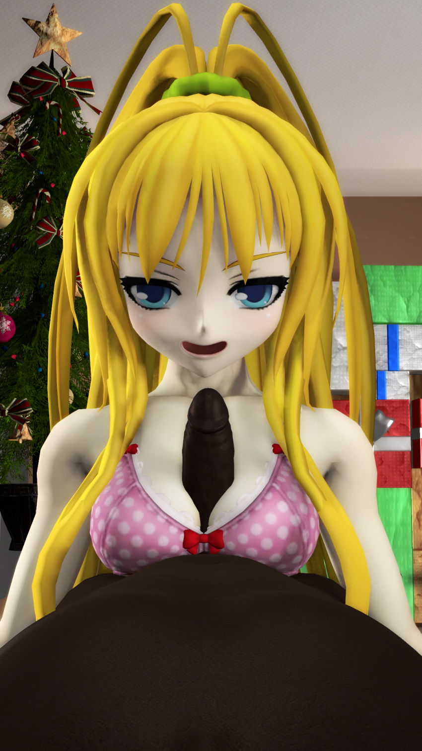 3d almightybeastoverlord axanael blonde_hair blue_eyes bra christmas christmas_tree dark-skinned_male dark_skin interracial paizuri presents sakura_(axanael) source_filmmaker