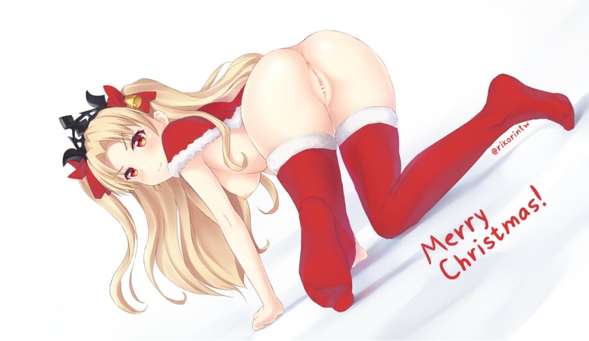 all_fours artist_name ass bar_censor bell blonde_hair breasts capelet censored christmas dutch_angle ereshkigal_(fate) fate/grand_order fate_(series) female full_body fur_trim hair_bell hair_ornament looking_at_viewer looking_back medium_breasts merry_christmas nipples pointless_censoring pussy red_eyes red_legwear rikorin solo thighhighs tiara tohsaka_rin two_side_up