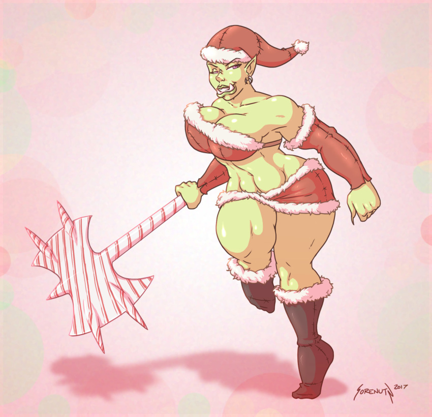 1girls axe candy_cane christmas female female_only green_skin holidays large_breasts midriff muscular_female orc orc_female pinup pointy_ears purple_eyes santa solo solo_female sorenutz thick