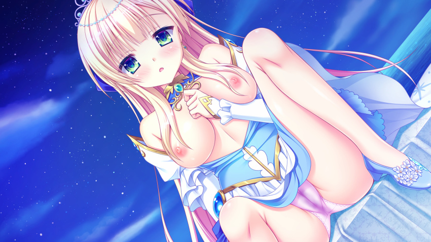 blonde_hair blush breasts cameltoe clothing clouds game_cg green_eyes kin'iro_loveriche long_hair night nipples no_bra open_shirt panties pussy_juice saga_planets sky sylvia_le_cruzcrown_sorfilege_sisua tagme_(artist) tiara wet