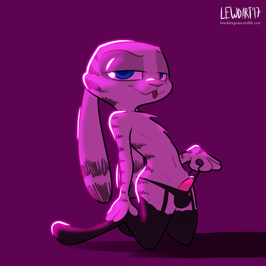 1boy 2017 anthro blue_eyes crossdressing disney ear_markings erection facial_markings fanartiguess fur_markings garter_belt garter_straps half-closed_eyes jack_savage kneeling lagomorph legwear looking_at_viewer male male_only mammal markings navel panties penis poking_out purple_background rabbit simple_background solo stockings tongue tongue_out topless underwear zootopia