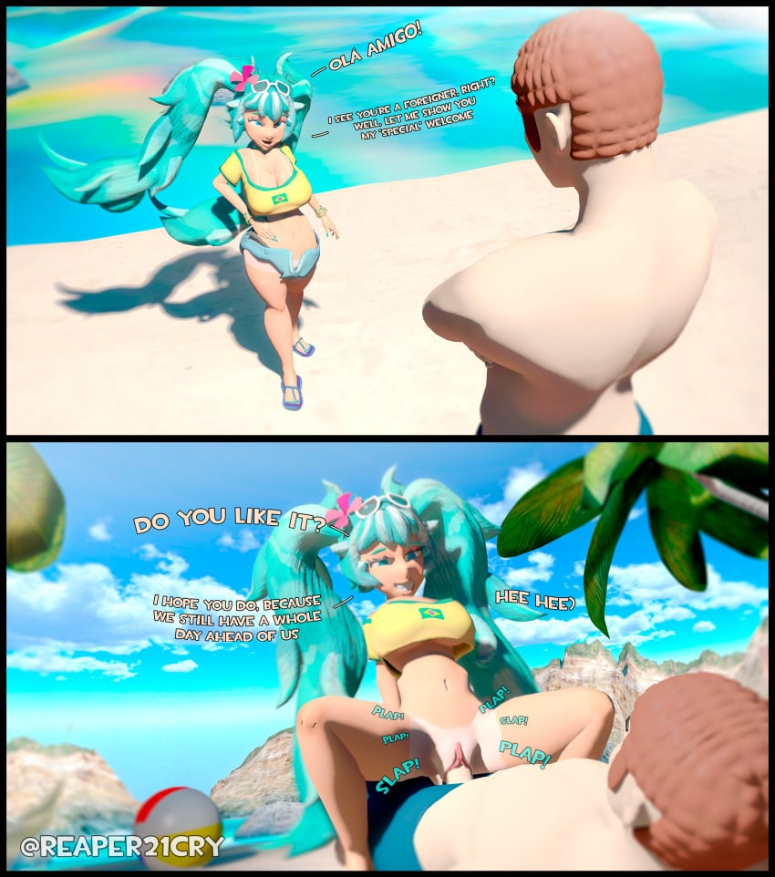 1boy 1girls 3d 3d_(artwork) beach beach_background beach_sex belly big_breasts bottomless brazilian_miku clothing cowgirl_position cyan_eyes cyan_hair dialogue english_text female flower flower_in_hair genitals half_naked hatsune_miku hi high_resolution highres highwizard highwizard_(modeler) huge_breasts instant_loss_2koma inviting_to_fuck inviting_to_sex looking_pleasured male male/female male_on_female palms plap_(sound) pleasure_face pleasured_female portuguese_text public_sex reaper21cry shorts slap_(sound_effect) smirking smirking_at_partner sound_effects source_filmmaker source_filmmaker_(artwork) straight straight_sex sunglasses sunglasses_on_head talking talking_to_partner tan_body tan_skin tanline tanlines thick thick_thighs twintails vaginal_penetration vaginal_sex vocaloid voluptuous voluptuous_female