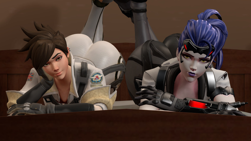 2girls 3d alternate_costume ass bigboy4025 bodysuit dat_ass female female_only gloves human laying_down overwatch pose posh_tracer presenting talon_widowmaker thigh_strap tights tracer widowmaker