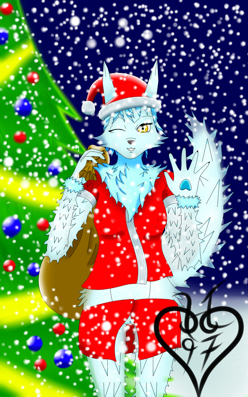 anthro blackwing97 canine christmas closed_eyes crystal female feral fox fur hat holidays mammal pussy santa_hat solo star_wars text vulptex yellow_eyes