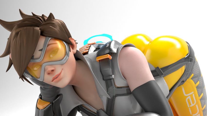 3d ass brown_hair buttsfm clothed dat_ass female female_only looking_at_viewer overwatch short_hair solo tracer