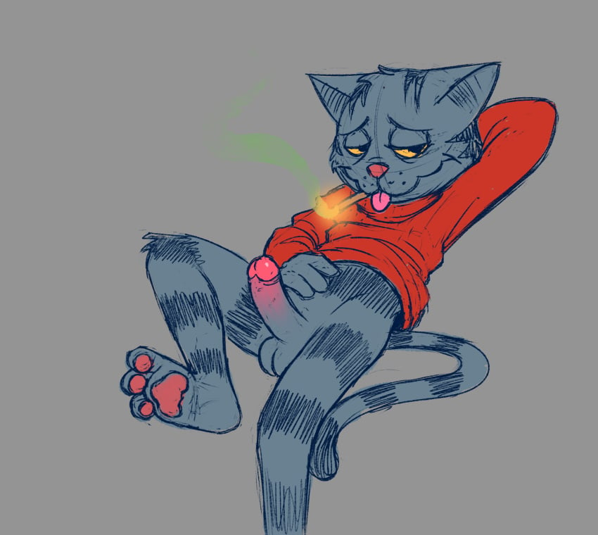 anthro anthro_male artist_request balls bottomless clothed clothing drugs erection feet feline fritz_the_cat fritz_the_cat_(character) grey_background hand_behind_head hi_res humanoid_penis male male_only mammal marijuana omegablack1631 penis reclining simple_background smoking solo tongue yellow_eyes