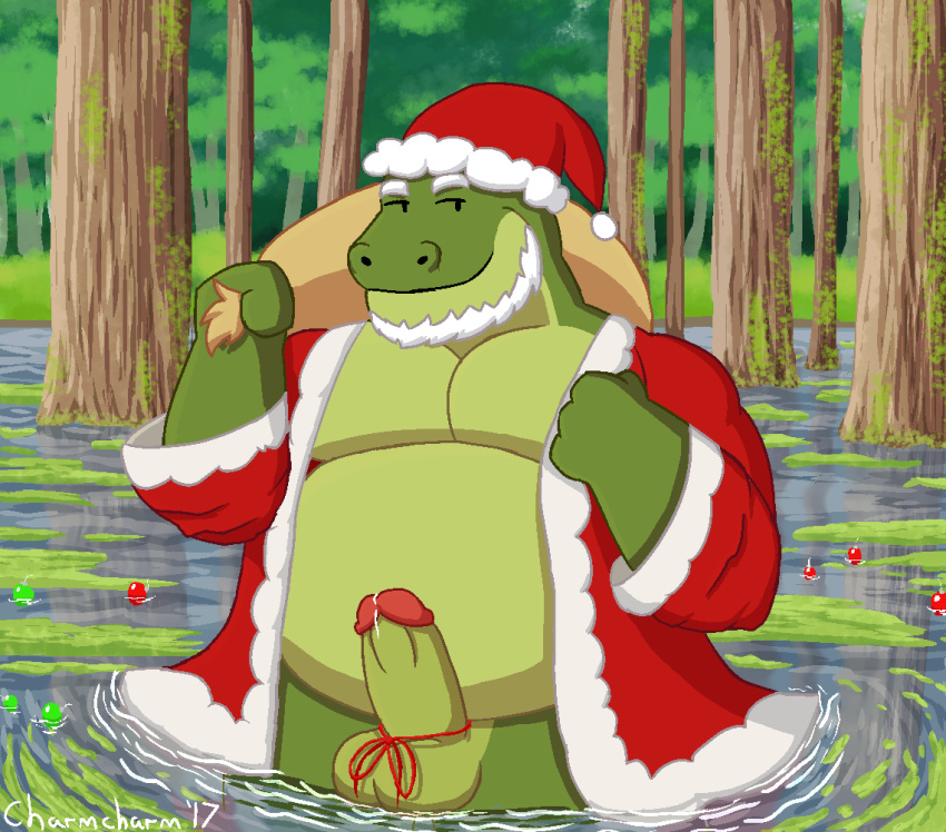 2017 anthro balls charmcharmcharm christmas clothed clothing crocodile crocodilian detailed_background digital_media_(artwork) erection holidays male male_only outside overweight partially_clothed penis reptile santa_claus scalie smile solo swamp