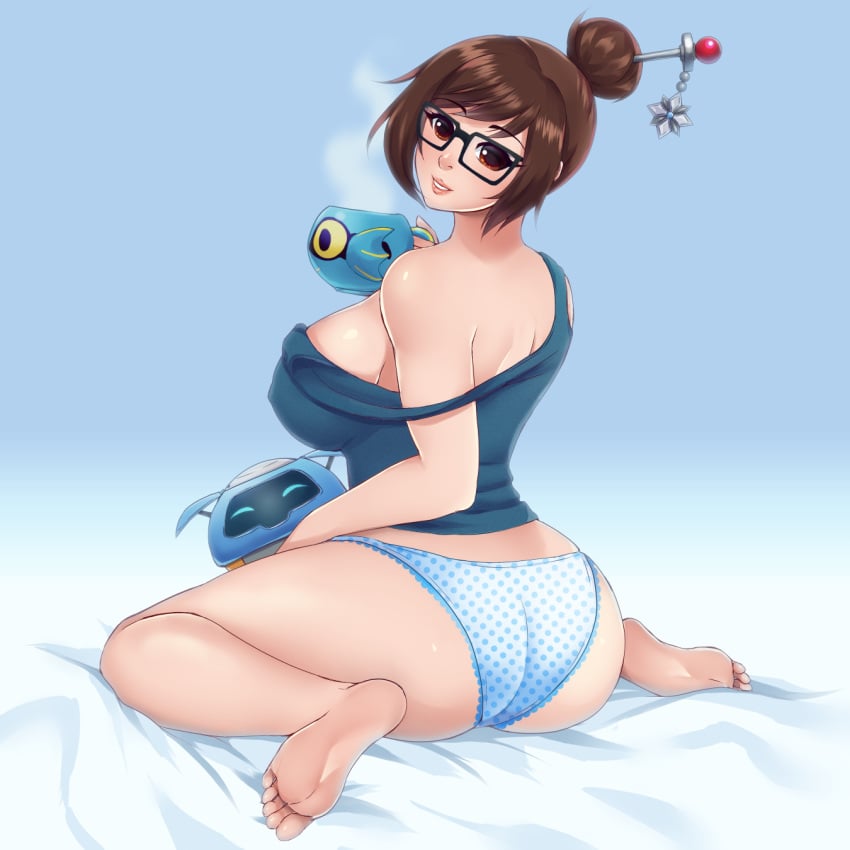 asian ass barefoot big_ass big_butt brown_hair chubby curvy feet glasses kneeling mei_(overwatch) overwatch panties pastelletta snowball_(overwatch) soles thick_thighs toes wariza