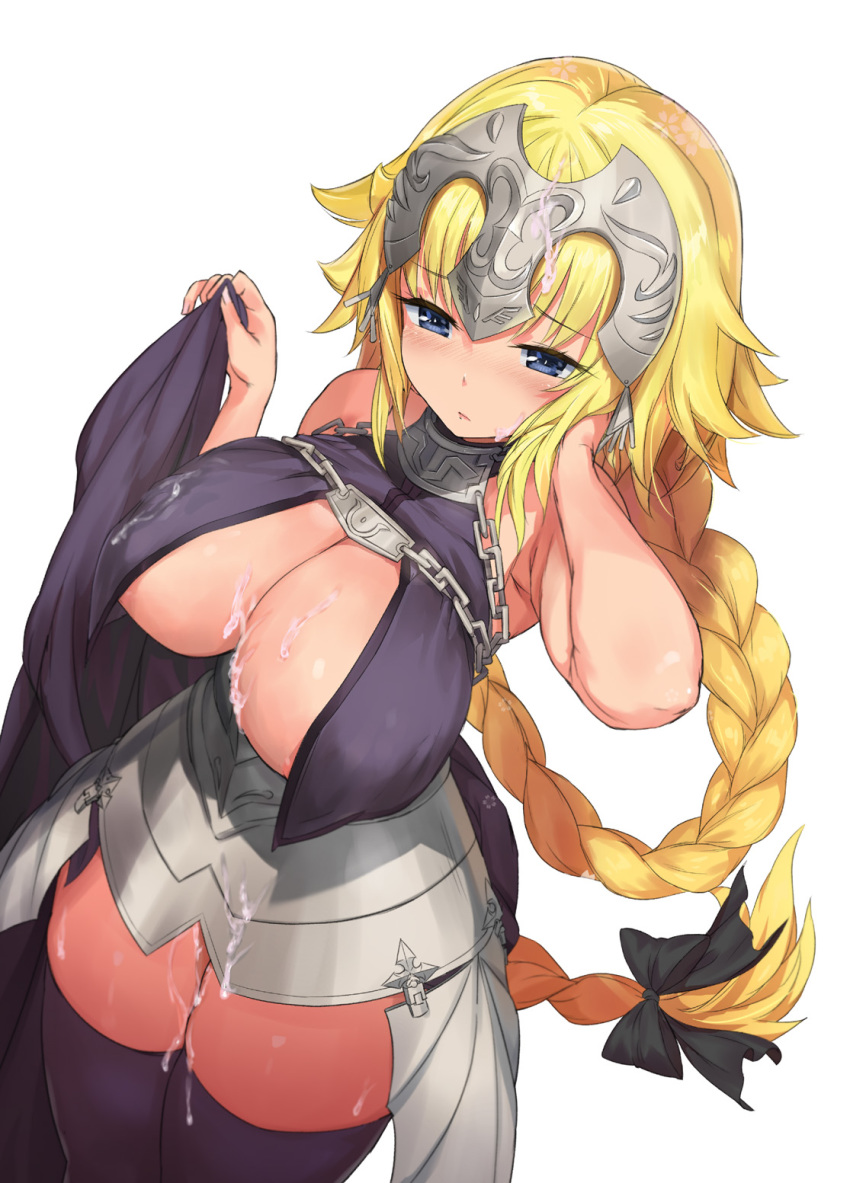 aokihoshi blonde_hair blue_eyes blush braid breasts cum cum_on_body cum_on_breasts cum_on_hair cum_on_lower_body cum_on_upper_body facial fate/apocrypha fate_(series) female headpiece highres ichigeki-kun jeanne_d'arc_(fate) jeanne_d'arc_(fate)_(all) large_breasts long_hair looking_down purple_legwear simple_background single_braid solo thighhighs very_long_hair white_background