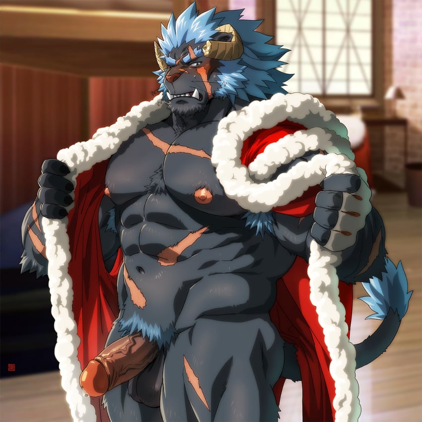 1boy abs anthro armpit_hair balls black_fur blue_hair blush broken_horn chest_tuft clothing erection fur hair horn krampus krampus_(tokyo_afterschool_summoners) male male_only muscular muscular_male nipples pecs penis precum rossciaco santa_coat scar solo standing tokyo_afterschool_summoners tuft undressing whiskers