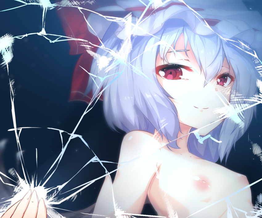 areolae armpit_peek bare_shoulders bat_wings blue_hair breasts broken_mirror collarbone eyebrows_visible_through_hair female hair_ribbon hat nipples nude red_eyes red_ribbon remilia_scarlet ribbon ribs shattered shiny shiny_skin short_hair small_breasts smile solo tareme touhou wings zuo_wei_er