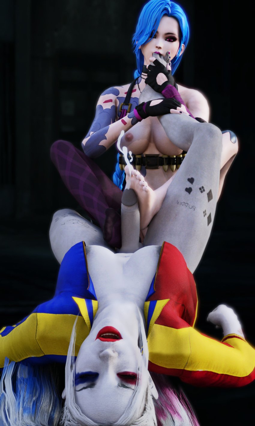 3d alternately_painted_toenails batman_(series) dawadd dc dc_comics dickgirl feet foot_fetish footjob footjob_with_legwear futanari harley_quinn intersex jinx_(league_of_legends) league_of_legends purple_toenails suicide_squad suicide_squad_(2016) thighhighs toenail_polish two_colored_toenails