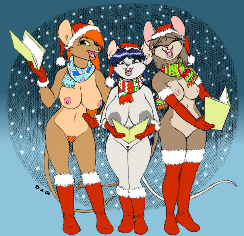 2016 anthro areola armwear barely_visible_genitalia big_breasts black_hair blue_eyes boots breast_size_difference breasts brown_hair buckteeth christmas clitoris closed_eyes clothing david_a_cantero elbow_gloves erect_nipples faith_(daq) female folder footwear fur gloves green_eyes group hair hand_on_hip hat hi_res holding_object holidays inner_ear_fluff legwear looking_at_viewer mammal mouse multicolored_fur nipples nude open_mouth pubes pussy red_hair rodent santa_hat scarf shortstack simple_background singing size_difference snow snowing standing subtle_pussy teeth thigh_highs two_tone_fur