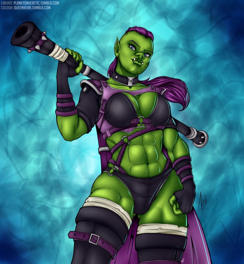 abs blue_eyes breasts female fingerless_gloves gloves looking_at_viewer monster_girl muscles muscular_female navel orc orc_female planktonheretic purple_hair queenalvia solo solo_female