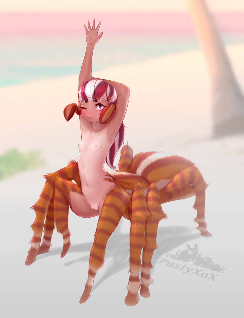 absurdres arachnid_taur araneomorph beach blurred_background blush breasts collarbone female front_view full-length_portrait fur highres humanoid jumping_spider monster_girl multicolored_fur multicolored_hair navel one_eye_closed orange_fur portrait purple_eyes pussy pustyxox raised_arm red_hair sand seaside small_breasts solo spider_girl stretching suntan tan_fur tan_line tan_skin taur three-quarter_view tree white_hair young