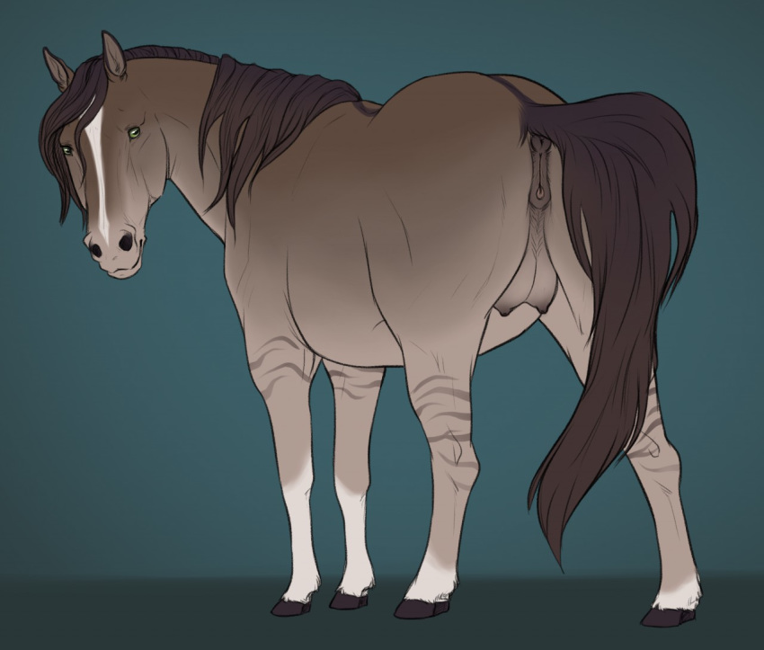 2017 anatomically_correct anatomically_correct_anus animal_anus animal_genitalia animal_pussy anus ashlie_the_mare black_eyes brown_anus brown_hair brown_mane brown_pussy brown_skin brown_stripes clitoral_winking clitoris crotchboobs digital_media_(artwork) equine equine_anus equine_pussy female feral full-length_portrait green_background green_sclera hair hooves horse horse_tail looking_back mammal nipples non-human_areolae portrait presenting presenting_anus presenting_pussy presenting_teats pussy raised_tail rear_view simple_background solo standing stripes white_skin yaroul