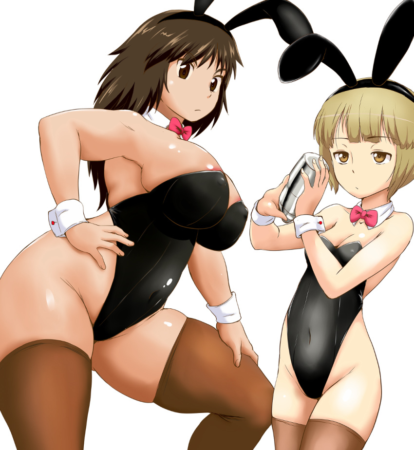 2girls animal_ears bare_shoulders black_eyes black_hair black_leotard blonde_hair bow bowtie breasts brown_eyes brown_hair brown_legwear bunny_costume bunny_ears bunny_tail bunnysuit cleavage covered_navel cowboy_shot curvy cutlass_(girls_und_panzer) detached_collar girls_und_panzer hand_on_waist hands_on_thighs hips leotard long_hair multiple_girls murakami_(girls_und_panzer) red_neckwear short_hair simple_background small_breasts strapless strapless_leotard thick_thighs thighhighs thighs tof tumbler white_background wide_hips wrist_cuffs yellow_eyes