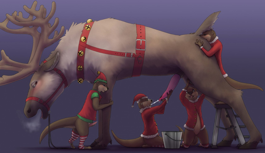 2017 anal anthro anthro_on_feral antlers bisexual blush cervine christmas compression_artifacts cum cum_on_face deer erection female feral fur holidays horn koba male mammal mustelid oral otter penis reindeer reins rimming servicing_from_below sex size_difference straight tapering_penis yaoi zoophilia