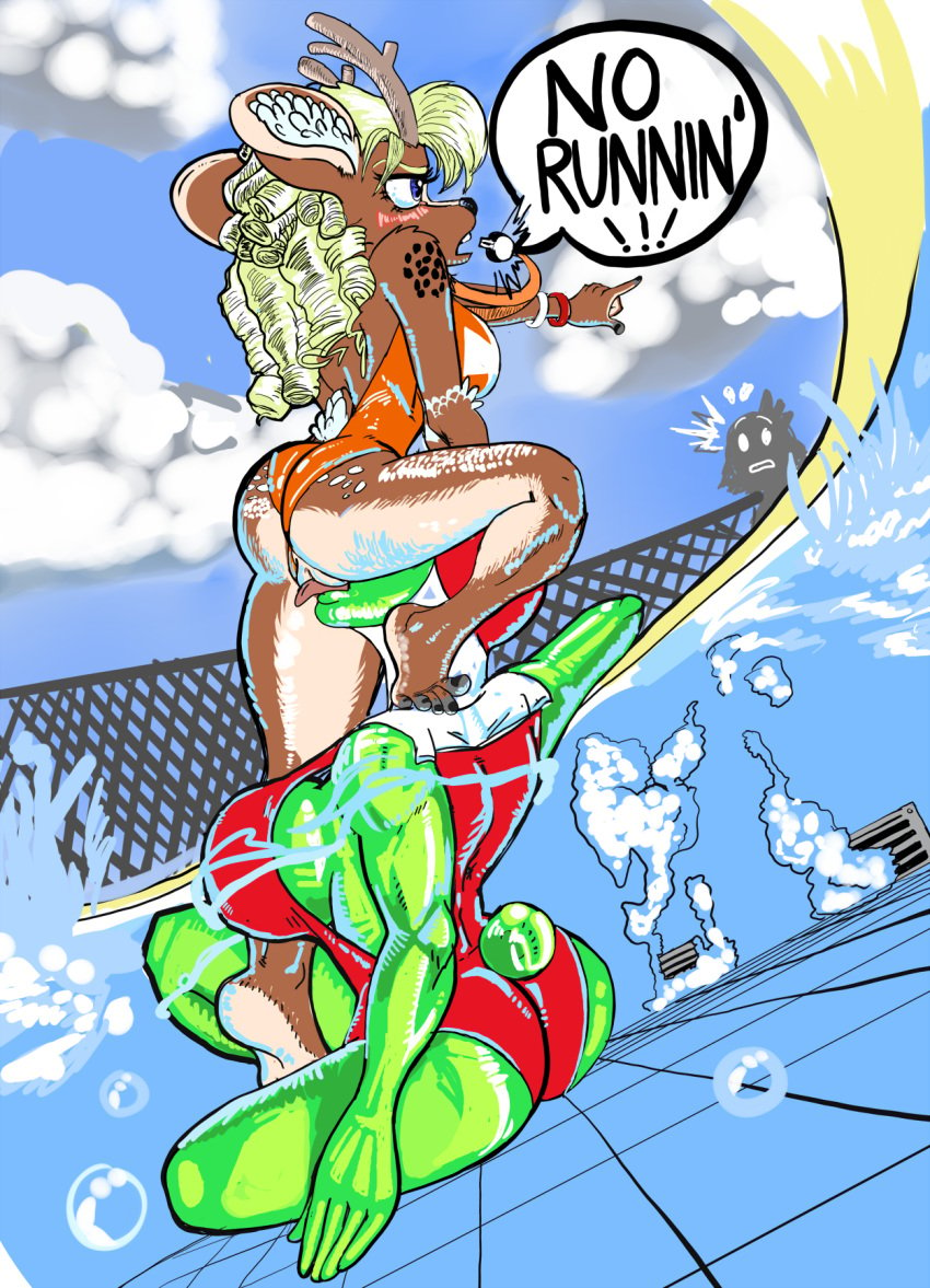 anthro capreoline cervid clothing duo exhibitionism female female/female gummy_bear haribo-arts hi_res lifeguard mammal penni_keffler pool_(disambiguation) reindeer sex summer swimwear tara_cola underwater underwater_sex ursid water yuri