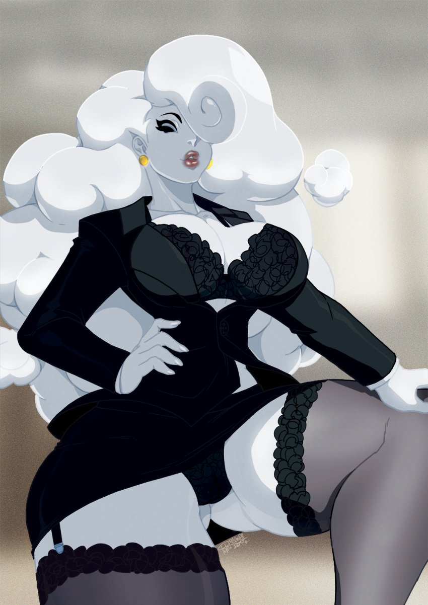 1girls air_creature air_humanoid bra cartoon_network cloud_creature cloud_humanoid curvy earrings female female_only hair_over_one_eye milf panties red_lips red_lipstick solo the_amazing_world_of_gumball tovio_rogers white_hair white_skin yuki_yoshida