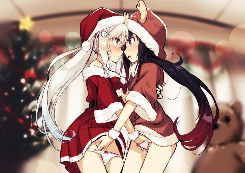 2girls bare_shoulders belt black_hair blush breast_grab christmas dress dress_lift face-to-face fake_antlers fingering grabbing hair_ornament hairclip hand_in_panties hat highres hood hug long_hair moaning multiple_girls mutual_masturbation off_shoulder open_mouth original panties panty_pull pink_panties pussy_juice red_dress red_eyes santa_hat setsuna_(miraichizu) shirono_mirai short_dress underwear white_hair white_panties yuri zero_(miraichizu)