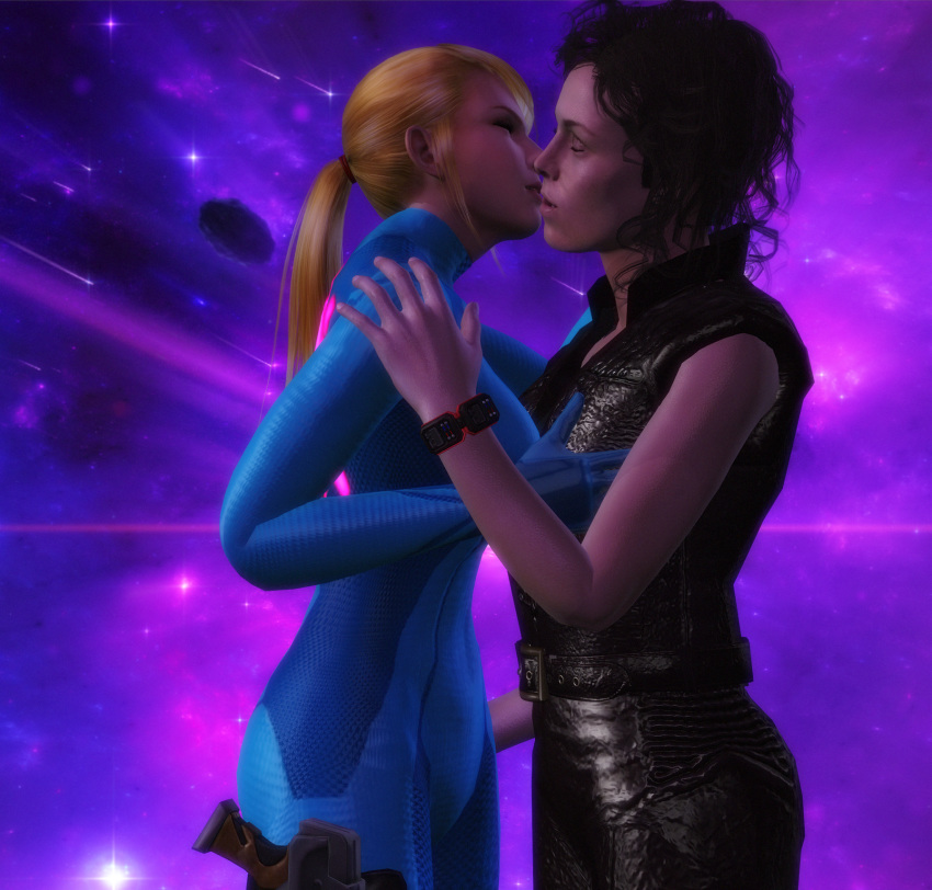 2girls alien alien_(franchise) alien_(movie) closed_eyes crossover eastern_and_western_character ellen_ripley female jc-starstorm kissing metroid nintendo samus_aran stars zero_suit