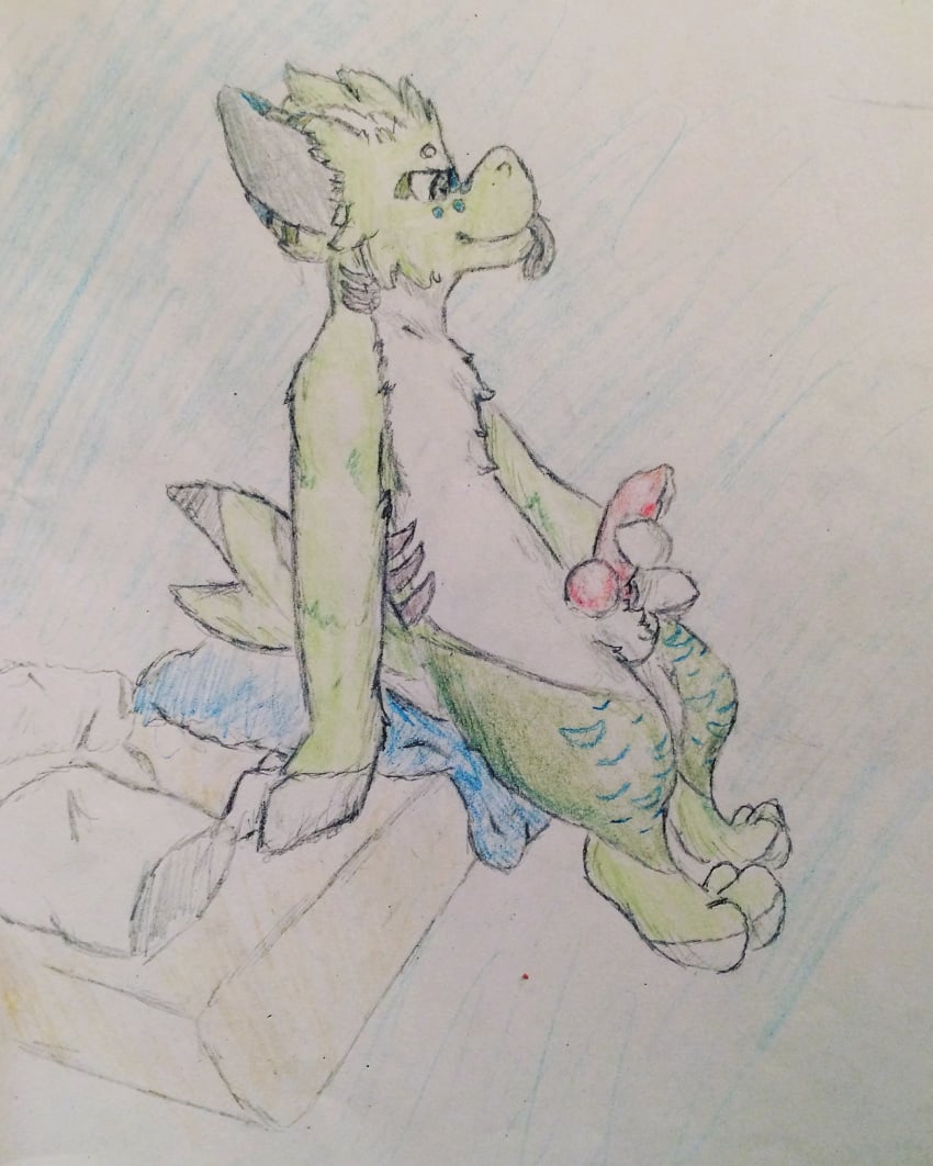 1boy adondis animal_genitalia animal_penis bedroom big_feet canine canine_penis chest_floof cum_leaking fish furry gills hybrid knot male male_only mammal marine masturbation original_character penis pillow shark sketch testicles tongue tongue_out traditional_media_(artwork) wolf