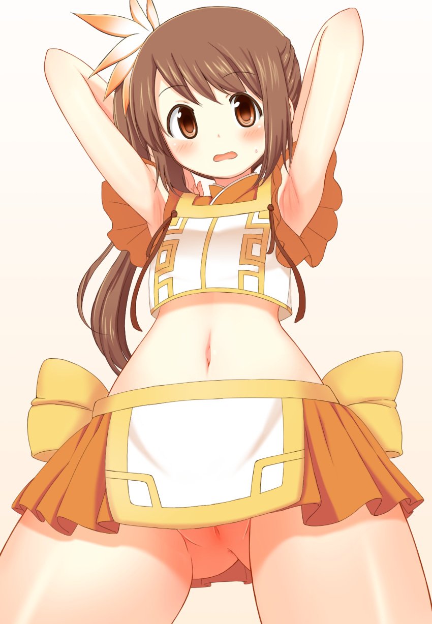 armpits bangs blush brown_hair denkaisui female from_below fully_clothed hair_ornament highres long_hair magia_record:_mahou_shoujo_madoka_magica_gaiden magical_girl mahou_shoujo_madoka_magica midriff navel no_panties open_mouth orange_eyes pussy pussy_peek side_ponytail skirt smile yui_tsuruno