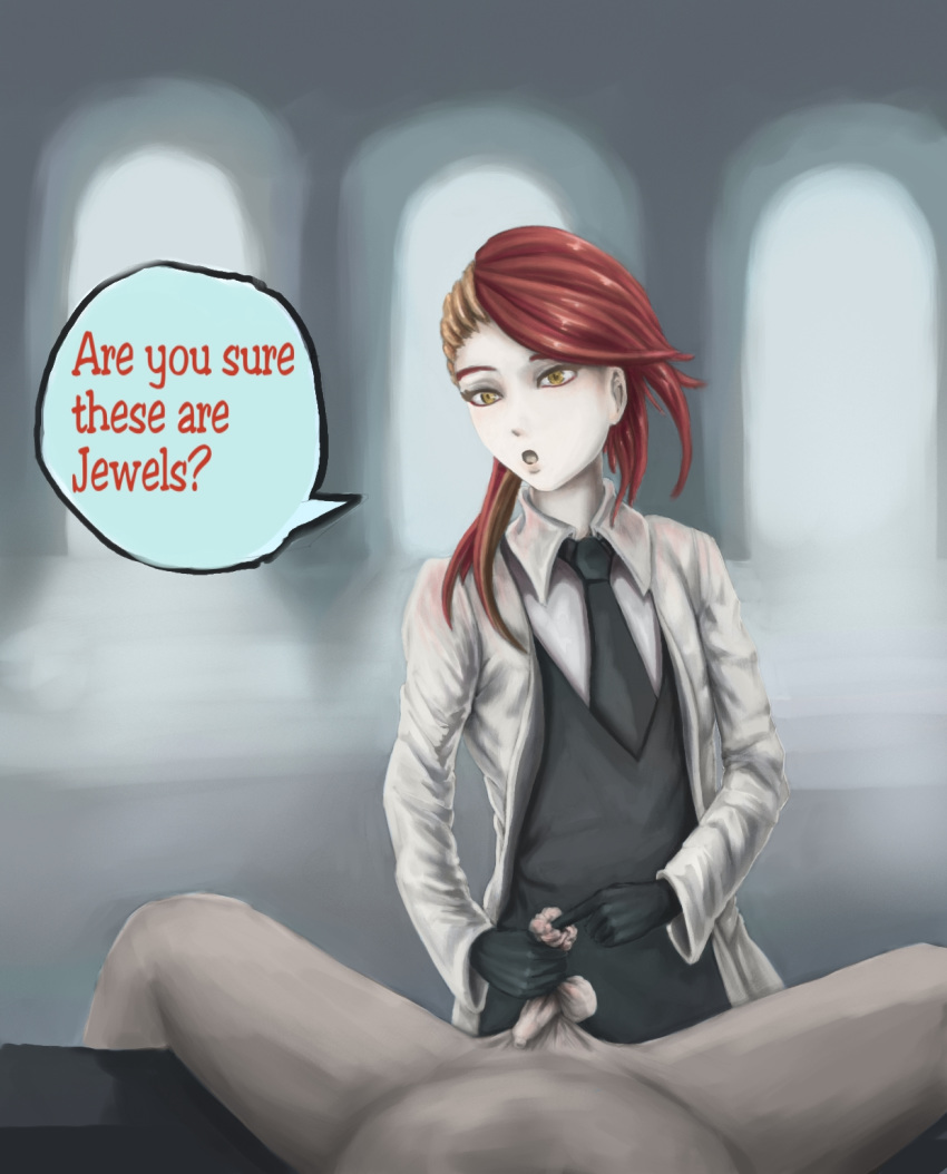 2boys androgynous ballbusting castration ccrack cock_and_ball_torture duo english_text faceless_male girly gloves land_of_the_lustrous male male_only penis pov rutile_(land_of_the_lustrous) simple_background testicles text