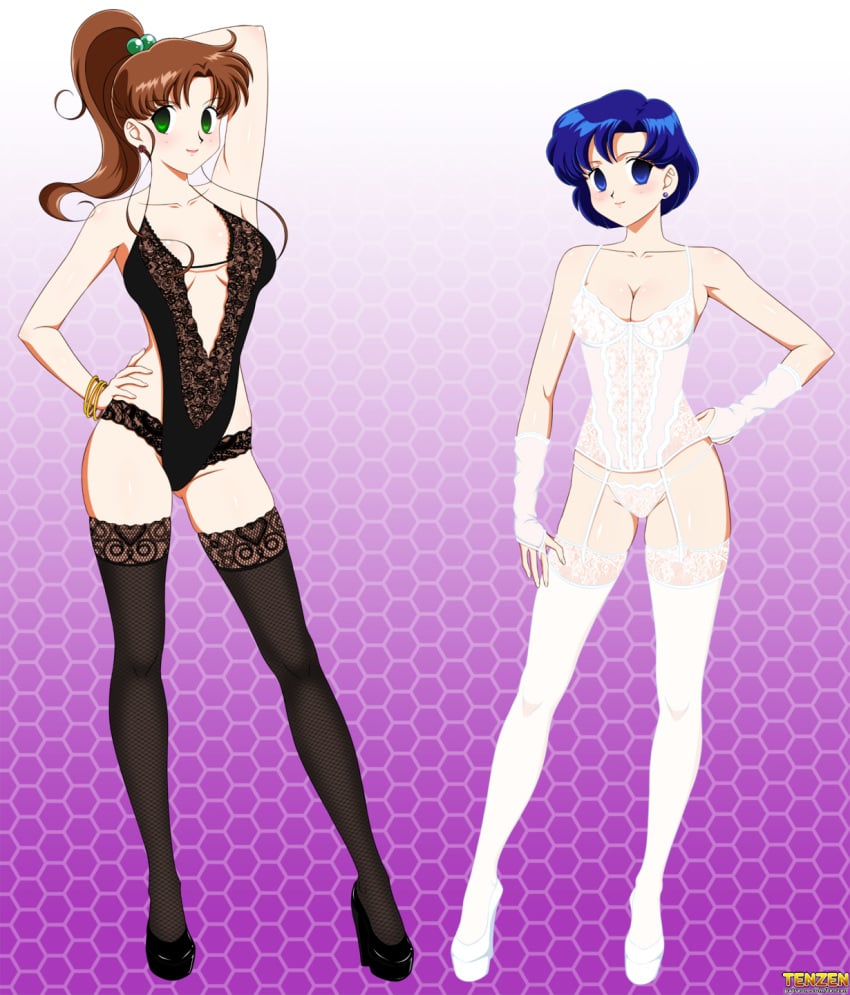 ami_mizuno bishoujo_senshi_sailor_moon blue_eyes blue_hair bracelets bridal_gauntlets brown_hair clothing earrings green_eyes hair_bobbles hair_ornament high_heels hypnosis lingerie makoto_kino mind_control panties ponytail small_breasts stockings tenzen thighhighs