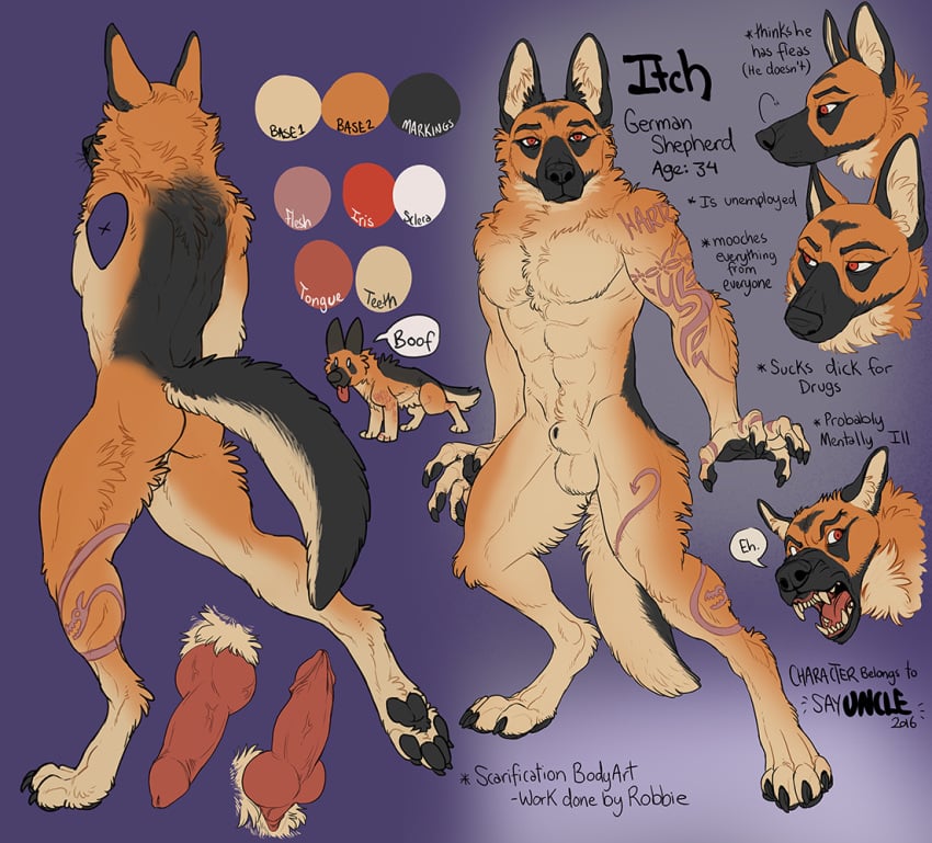 2017 animal_genitalia animal_penis balls canine canine canine_penis digital_media_(artwork) german_shepherd humanoid_penis hybrid_penis itch_(character) male mammal model_sheet muscular nude penis sayuncle scarification sheath