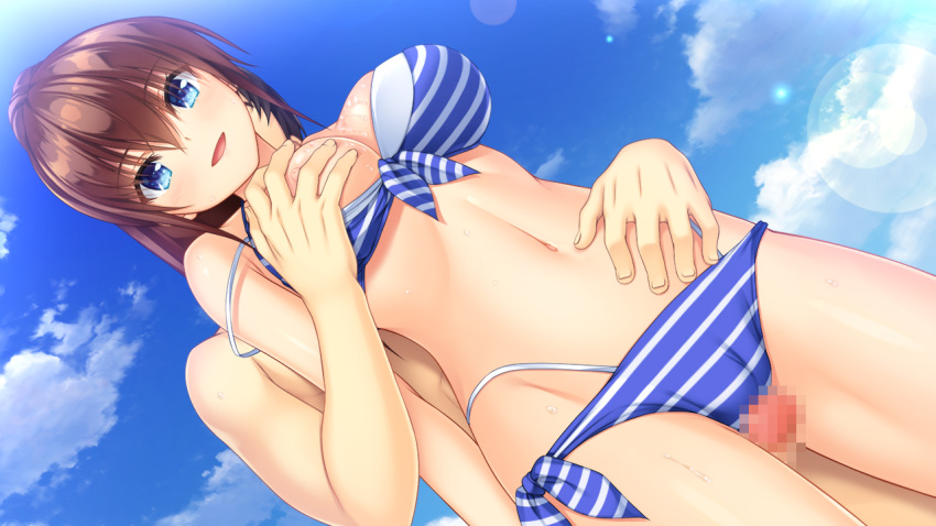 aqua_eyes asami_asami bikini blush breasts brown_hair cameltoe censored clouds game_cg hibiki_works long_hair natural_vacation navel nipples penis ponytail sarashina_yuzuki sky swimsuit wet