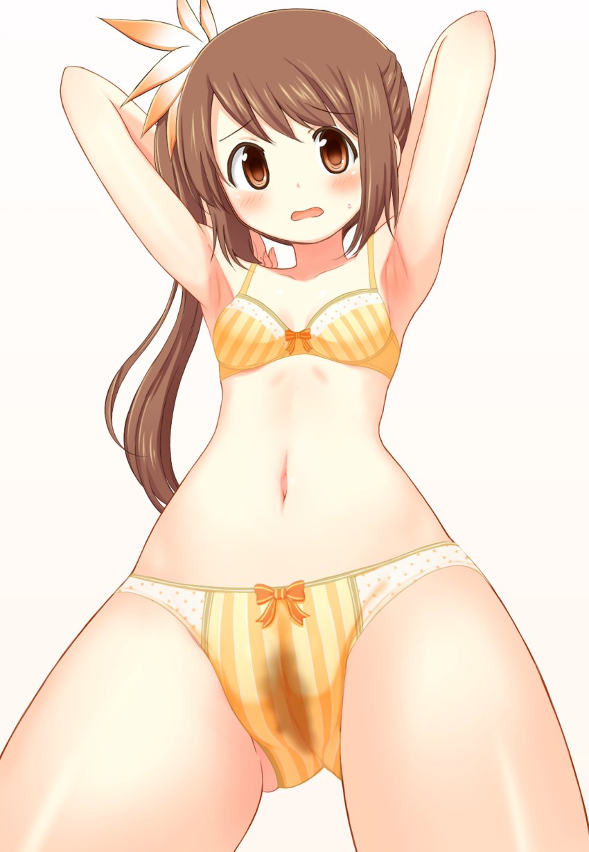 armpits bangs blush bra breasts brown_hair denkaisui female from_below hair_ornament highres long_hair magia_record:_mahou_shoujo_madoka_magica_gaiden mahou_shoujo_madoka_magica midriff navel open_mouth orange_eyes pussy_juice pussy_juice_stain ribbon side_ponytail small_breasts stain stained_panties underwear underwear_only wet yui_tsuruno