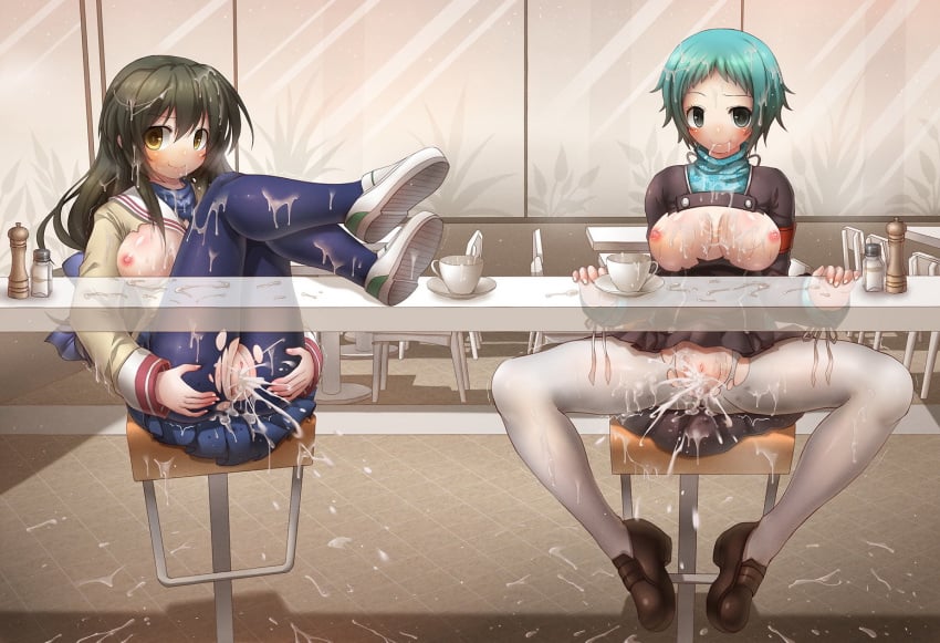 2017 2girls black_hair blue_hair breasts clannad clothing crossover cum cum_everywhere emperpep female female_only fuuka_yamagishi ibuki_fuuko medium_breasts megami_tensei multiple_girls pantyhose persona persona_3 skirt uncensored yamagishi_fuuka