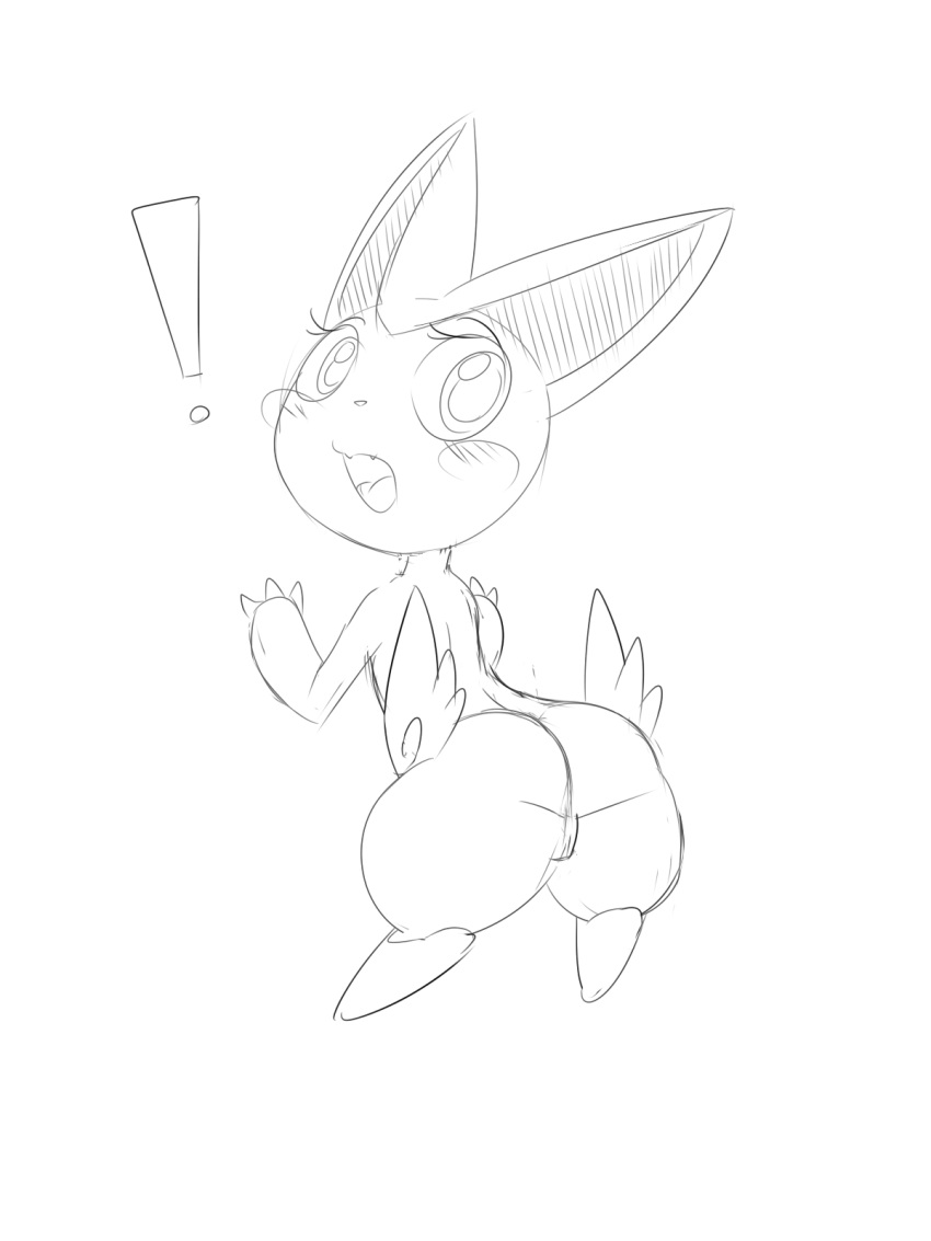 ! animal_ears ass blush blush_stickers claws female from_behind full_body furry greyscale hands_up looking_at_viewer looking_back monochrome no_humans open_mouth pokemon pokemon_(species) pokemon_bw pussy redimplight simple_background sketch solo surprised uncensored victini white_background