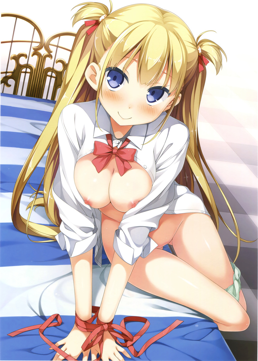 absurdres alice_third_macy arm_support ass_visible_through_thighs blonde_hair blue_eyes blush bound bound_wrists bow bowtie breast_squeeze breasts breasts_out checkered checkered_floor cropped dress_shirt female green_panties hair_ribbon highres kantoku koi_suru_kanojo_no_bukiyou_na_butai large_breasts long_hair nipples no_pants on_bed open_clothes open_shirt panties panties_around_one_leg ribbon scan shirt sitting smile solo two_side_up underwear very_long_hair wrist_ribbon