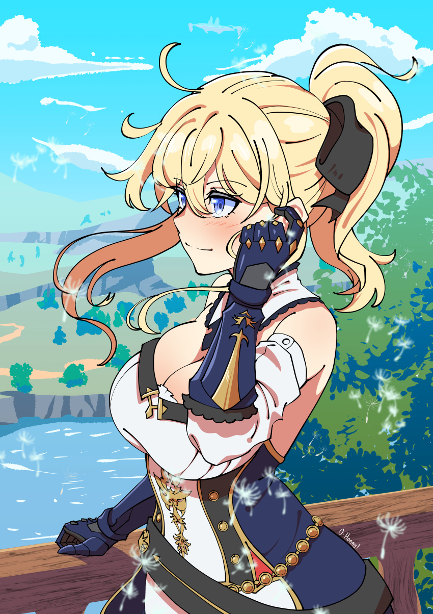 1girls 2021 armor background big_breasts blonde_hair blue_eyes blushing cleavage fully_clothed genshin_impact jean_gunnhildr oppaihobby outdoor outdoors outside painted_background ponytail side_view smile smiling solo solo_female tagme