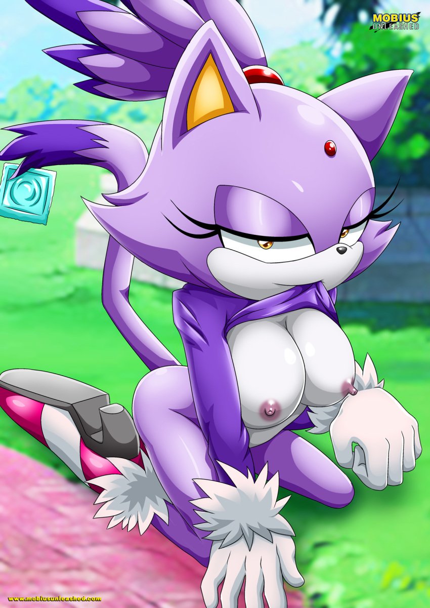 1girls anthro bbmbbf biting_clothes blaze_the_cat breasts clothing clothing_lift condom female female_only fur gloves half-closed_eyes heeled_shoes long_sleeves long_tail looking_at_viewer mobius_unleashed nipples on_knees outside palcomix pink_shoes sega shoes solo sonic_(series) sonic_the_hedgehog_(series) tail thick thick_hips thick_thighs thighs tied_hair white_gloves wide_hips yellow_eyes