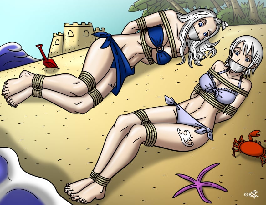 2girls arms_behind_back beach bondage bound bound_ankles bound_arms bound_legs fairy_tail female_only femsub gag gagged lisanna_strauss mirajane_strauss multiple_girls multiple_subs ocean rope rope_bondage sand_castle sisters tagme tape_gag taped_mouth tied_up