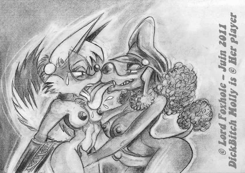 2011 anthro anthro_on_anthro armbinder bondage bound breasts canine copyright_request dickbitch_molly dickgirl duo female fox futa_on_female futanari hands_behind_back intersex intersex/female lord_foxhole mammal monochrome nipples nude penis poodle tongue tongue_out