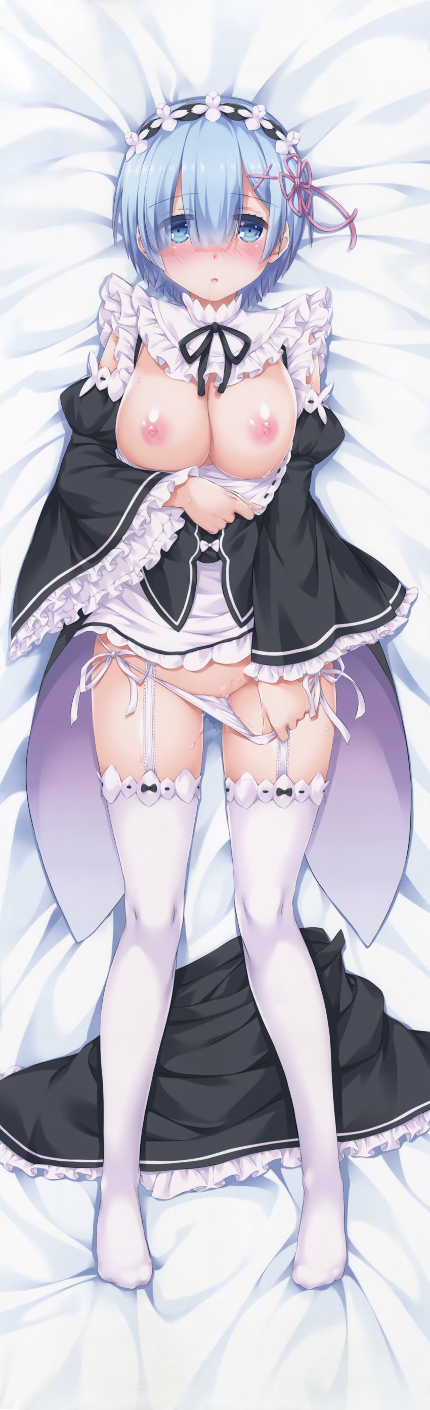 10s 1girl 1girls absurdres apron bed_sheet black_dress black_skirt blue_eyes blue_hair blush bow breasts breasts_out dakimakura dakimakura_(medium) detached_collar detached_sleeves digital_lover dress eyes_visible_through_hair feet frilled_sleeves frills from_above full_body garter_straps hair_ornament hair_ribbon hairband highres huge_filesize large_breasts lolita_hairband long_image long_sleeves looking_at_viewer lying nakajima_yuka nipples no_shoes on_back panties panty_pull parted_lips pink_ribbon pussy pussy_juice re:zero_kara_hajimeru_isekai_seikatsu rem_(re:zero) ribbon ribbon-trimmed_dress ribbon-trimmed_legwear ribbon-trimmed_sleeves ribbon_trim scan shiny shiny_hair short_hair skirt skirt_removed solo tall_image tareme thighhighs underwear waist_apron white_apron white_bow white_thighhighs wide_sleeves x_hair_ornament