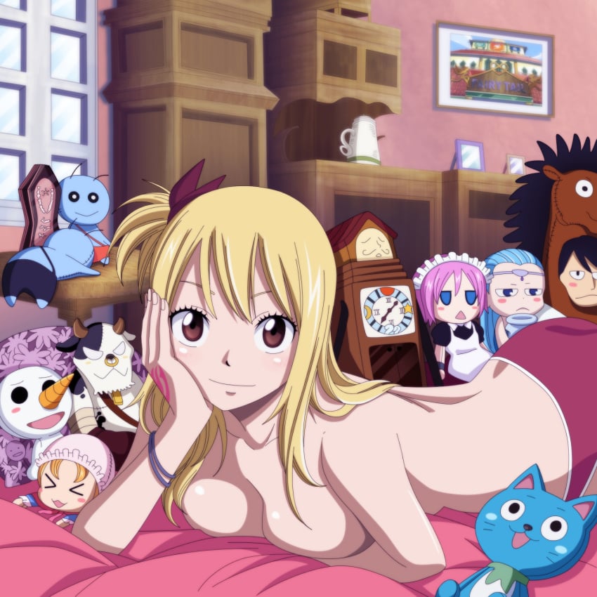 animal aquarius_(fairy_tail) arm_support bed bed_sheet bedroom black_eyes black_hair blonde_hair blue_eyes blue_hair blush breast_press breasts brown_eyes chibi cleavage doll fairy_tail feline female gemini_(fairy_tail) hair_ribbon hairbow happy_(fairy_tail) large_breasts long_hair looking_at_viewer lucy_heartfilia lyra_(fairy_tail) maid maid_headdress no_bra on_bed on_stomach open_mouth panties panties_only pink_hair plue plushie purple_ribbon sagittarius_(fairy_tail) smile solo stuffed_animal tattoo taurus_(fairy_tail) topless topless_female toy underwear virgo_(fairy_tail) zodiac