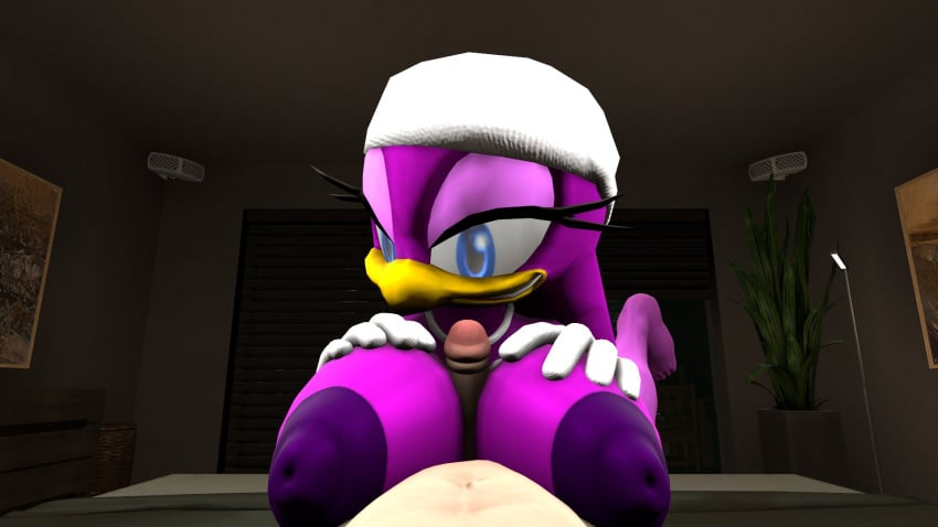 3d 3d_(artwork) anthro avian avian_humanoid big_breasts blue_eyes breasts gloves huge_breasts human nipples penis pov purple_body purple_fur purple_hair sharkzero smile smiling_at_viewer sonic_(series) wave_the_swallow white_bandana