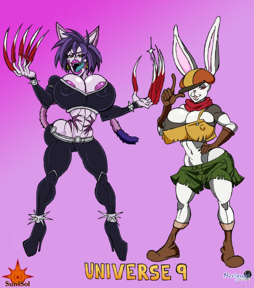 2girls abs alien alien_girl anthro anthro_only areola_slip arms_up artist_name bare_shoulders big_breasts bimbo bimbofication black_hair boots bracelet breasts brown_gloves bunny_girl busty cat_girl claw cleavage curvy dragon_ball dragon_ball_super ear_piercing earrings erect_nipple erect_nipples eyelashes feline female female_only front_view furry gloves hand_on_hip hands_on_hip hands_on_hips hat high_heel_boots high_heels hoop_earrings hop_(dragon_ball) hourglass_figure humanoid lagomorph lipstick looking_at_viewer makeup midriff multiple_females multiple_girls muscular muscular_female nipple_bulge open_mouth piercing plump_lips purple_lipstick red_eyes scarf short_hair shorts simple_background sorrel spike sun1sol tail text tongue_out voluptuous white_skin wide_hips yellow_eyes