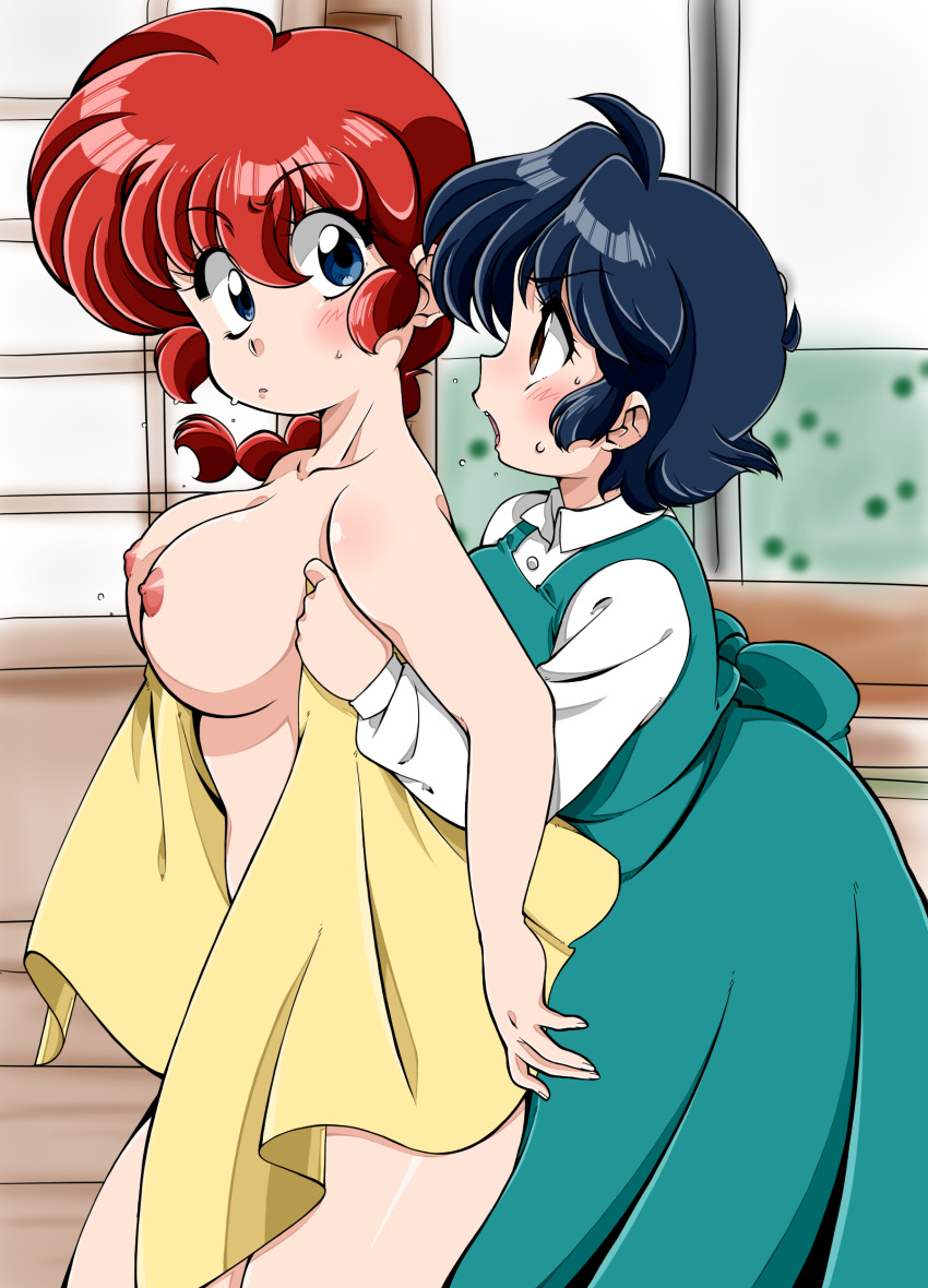 2girls akane_tendo blue_hair breasts clothing dress embarrassed female genderswap_(mtf) hot_spring large_breasts medium_breasts multiple_girls ranma-chan ranma_1/2 ranma_saotome red_hair rule_63 suzusato_rinka towel