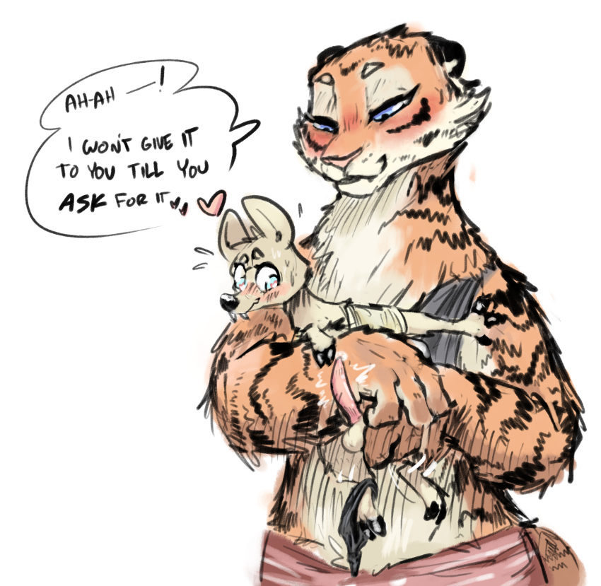 <3 1boy 1girls anthro artemis_(nobby) blush cervine deer dialogue disney domination english_text feline female femdom fur furry furry_only heart larger_female male male/female mammal musk_deer nobby_(artist) nude penis size_difference smaller_male sydney_(nobby) text tiger tomboy underwear zootopia