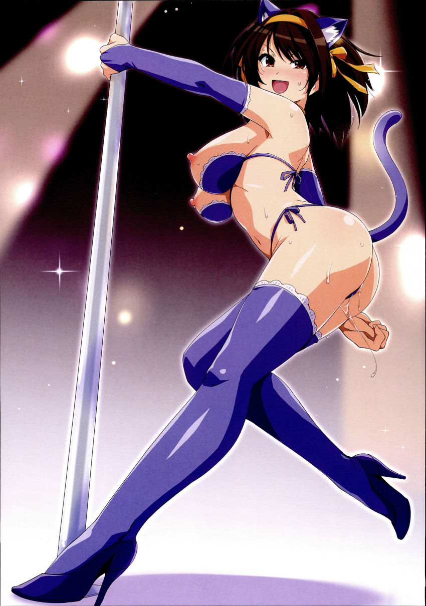 1girls absurdres animal_ears ass black_hair blue_bra blue_legwear blue_panties blush bra breasts brown_eyes cat_ears fake_animal_ears female full_body haruhisky high_heels highres large_breasts navel open_mouth panties pole pole_dancing pussy_juice short_hair side-tie_panties smile solo stripper_pole suzumiya_haruhi suzumiya_haruhi_no_yuuutsu sweat tail thighhighs underwear