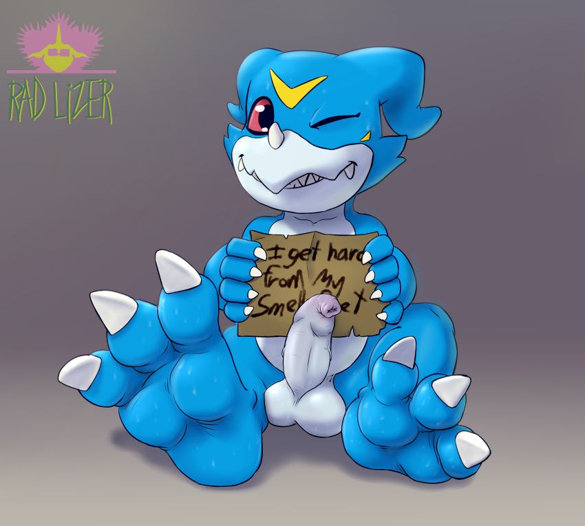 2017 balls claws digimon dragon english_text erection foot_focus foreskin humanoid_penis long_foreskin looking_at_viewer male male_only one_eye_closed penis rad-lizer scalie sign simple_background smile solo text uncut veemon wink