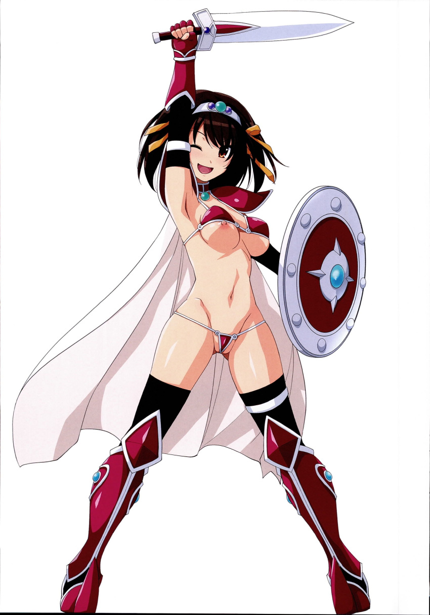 ;d absurdres arm_up armor ass_visible_through_thighs bangs between_labia bikini_armor blush boots breasts cape cosplay diadem elbow_gloves elizabeth_bathory_(brave) elizabeth_bathory_(brave)_(cosplay) elizabeth_bathory_(fate) emphasis_lines eyebrows_visible_through_hair fate/grand_order fate_(series) female footwear full_body gauntlets gloves greaves hair_ribbon handwear haruhisky highres holding holding_shield holding_sword holding_weapon innie_pussy looking_at_viewer medium_breasts navel nipple_slip nipples one_eye_closed open_mouth pauldrons ribbon shield short_hair shoulder_armor simple_background smile solo standing stomach suzumiya_haruhi suzumiya_haruhi_no_yuuutsu sword thigh_boots thighhighs thighhighs_under_boots v-shaped_eyebrows weapon white_background