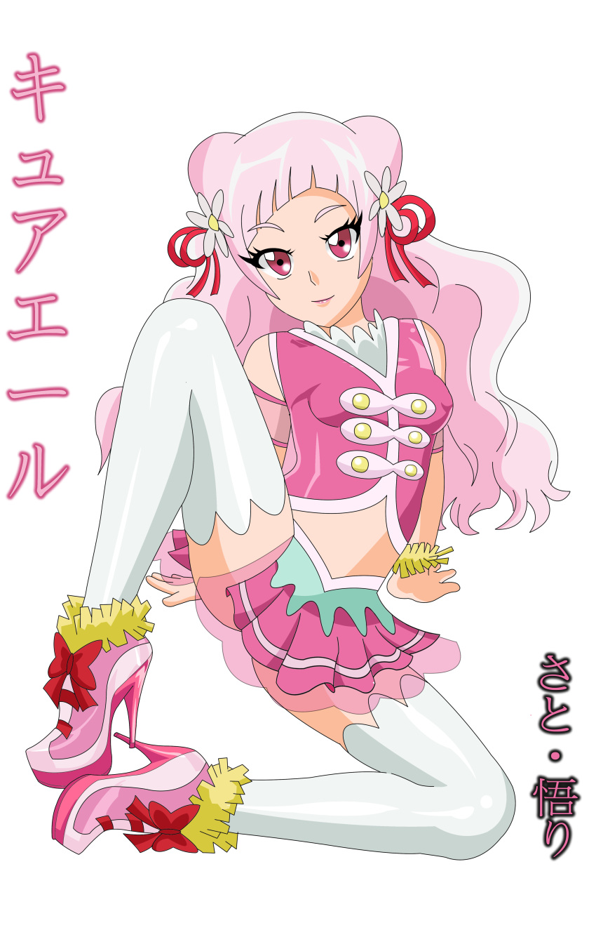 absurdres boots clothing cure_yell flower full_body hair_ribbon high_heel_boots high_heels highres hugtto!_precure japanlara long_hair magical_girl mascot nono_hana orry9235 pink_footwear pink_hair pink_shirt precure pretty_cure ribbon shirt skirt small_breasts smile stockings thighhighs white_legwear zettai_ryouiki